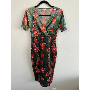 Zara Trafaluc Floral Velvet V Neck Midi Dress M